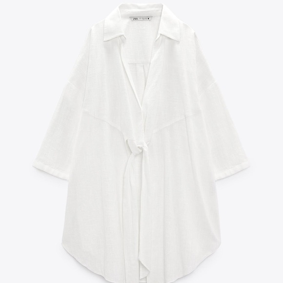 Zara Tops - Zara White Longline Knotted Tie-Front Blouse